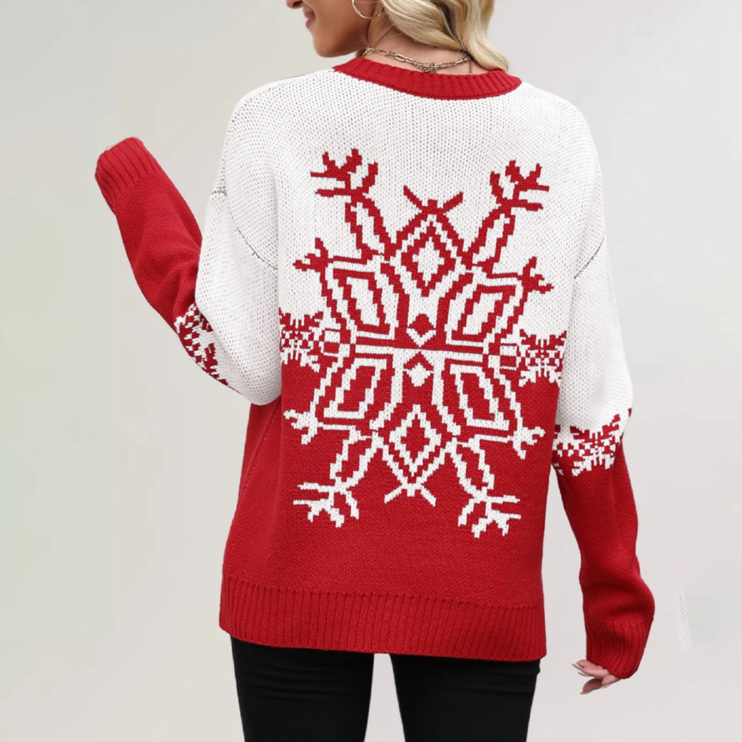 Women'S Fashionable Round Neck Long Sleeved Christmas Snowflake Sweater Casual Pullover Knitted Sweater Top Ropa De Mujer