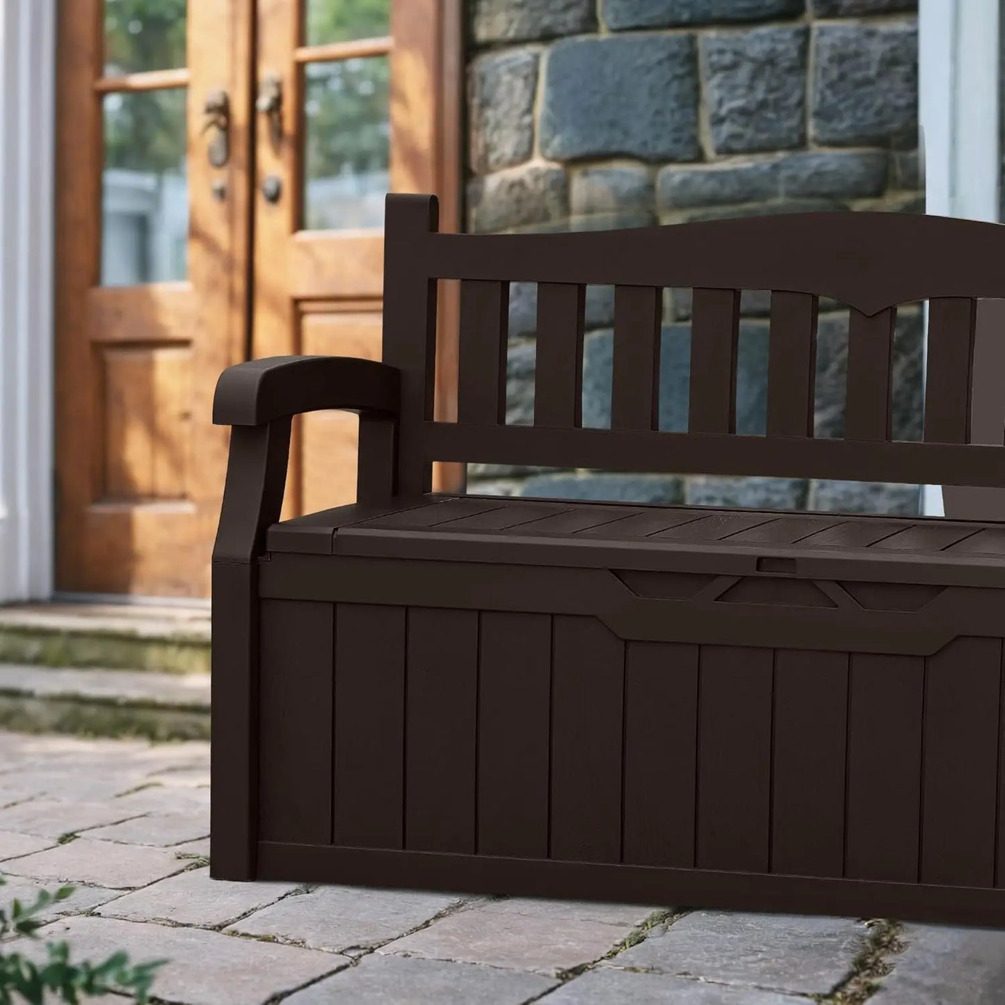 80 Gallon Storage Bench Deck Box Lockable for Patio Furniture, Garden Decor and Outdoor Seating for Cushions(Dark Brown)