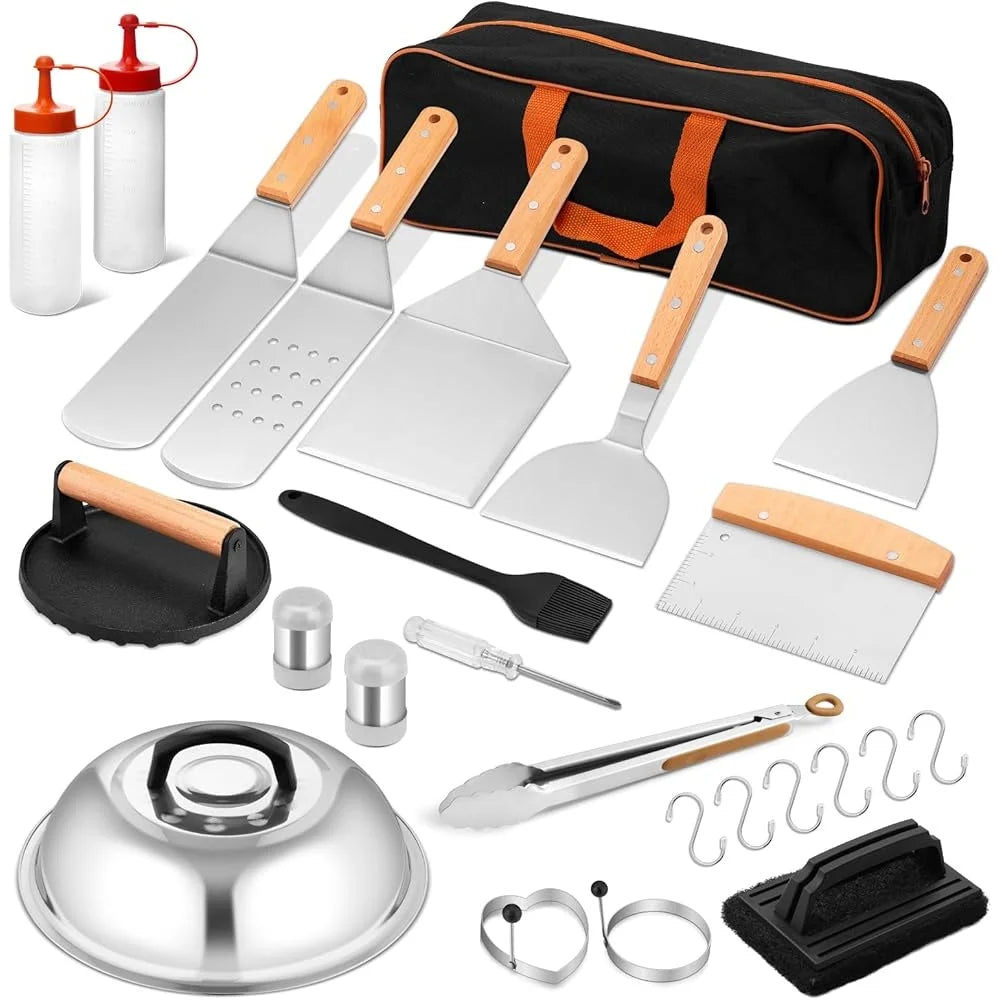 25 Piece Griddle Accessories Set Flat Top Grill Tools Stainless Steel Spatulas Scraper Basting Cover Ideal for BBQ Cooking