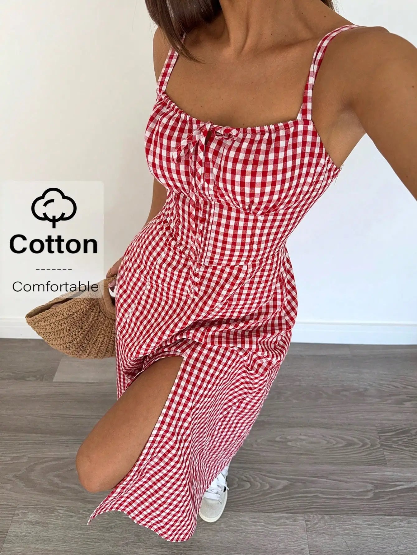 Red Gingham Women's Mid-Calf Dress with Spaghetti Straps, Casual Summer Style, Cotton Comfortable Fit