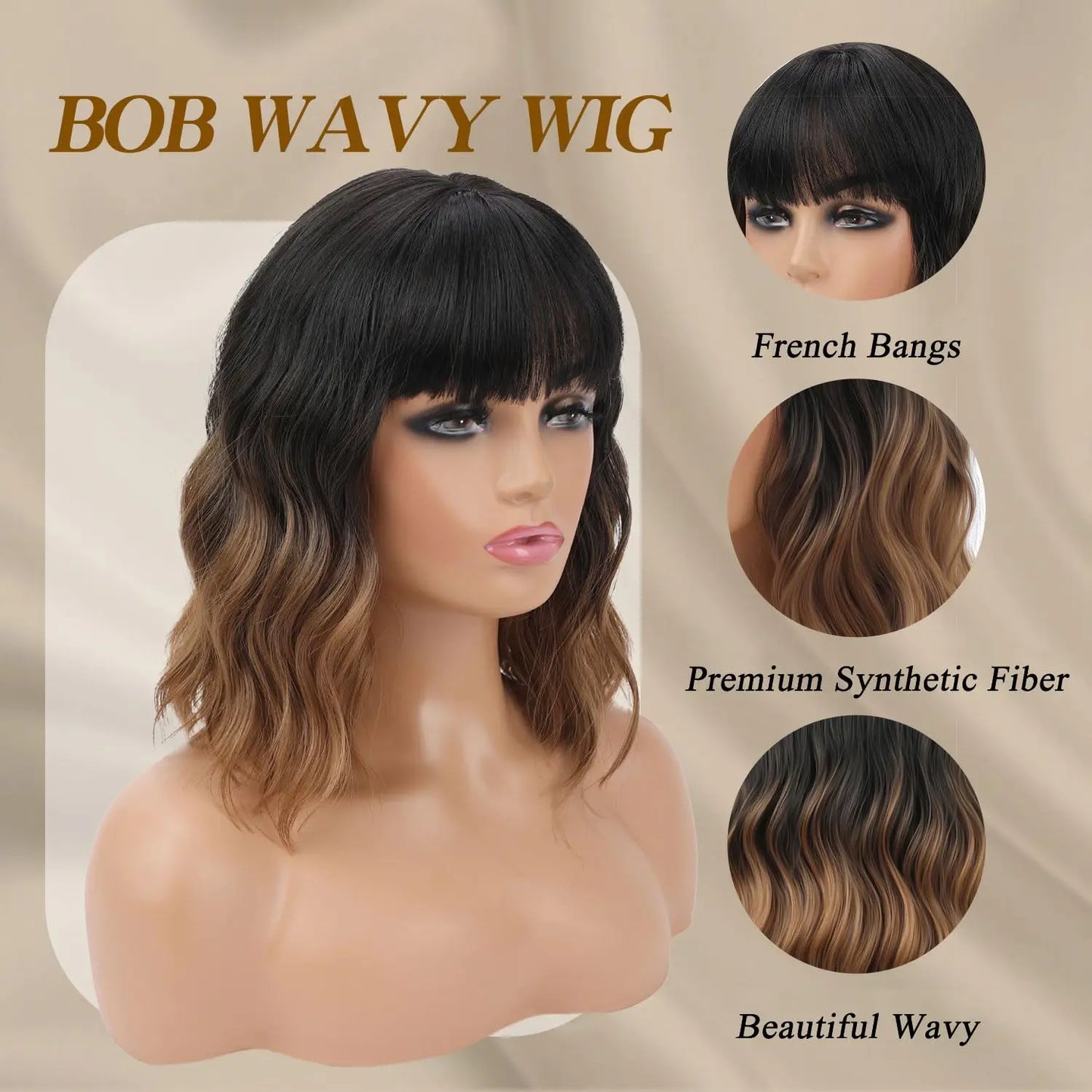Women Ombre Brown Bob Synthetic Wig Black To Brown Short Wavy With Bangs Shoulder Length Daily Use
