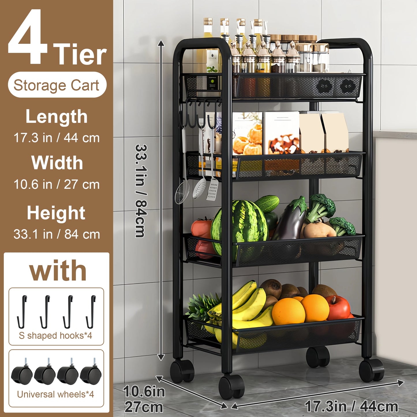 Multilayer Kitchen Storage Rack Metal Utility Cart Stackable with Wheels Multifunctional Shelf for Fruits and Vegetables