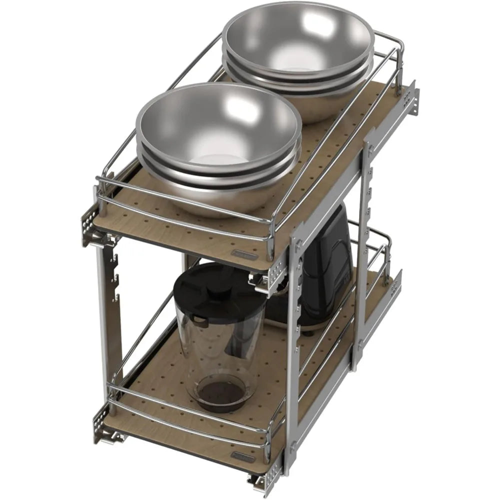 Rev A Shelf 2 Tier Pull Out Kitchen Cabinet Storage Organizer with Solid Bottom and Undermount Soft Close Full Extension Slides