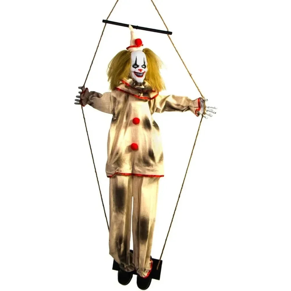Scary Swinging Talking Clown Halloween Animatronic with Touch Activated Lights and Sounds for Outdoor Decorations