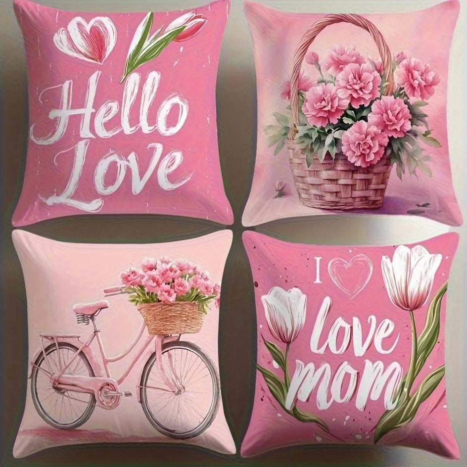 4 Floral Bicycle Pillowcases for Mother's Day - "Hello Love" and "I Love Mom" designs, perfect for sofas and home décor.