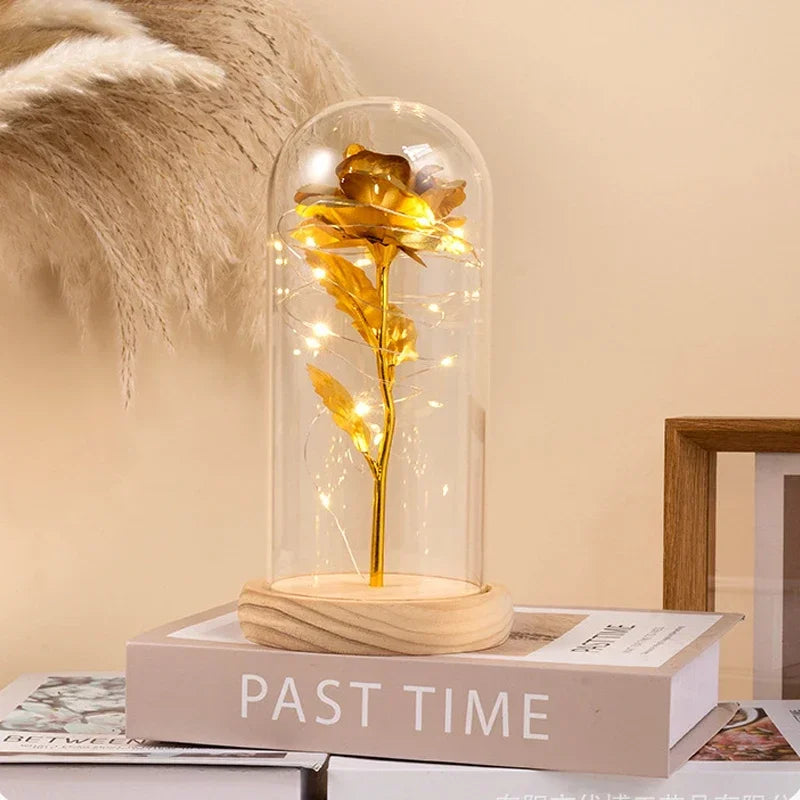 Mothers Day Gifts Party LED Light Foil Flower in Glass Cover Valentine's Day Gift in Glass Simulation Rose Flower