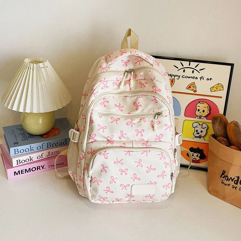 3PCS Kawaii Backpack Bow Print Student Bookbag with Purse Crossbody Bag Cute Laptop Backpack Fashion Large Capacity School Bag