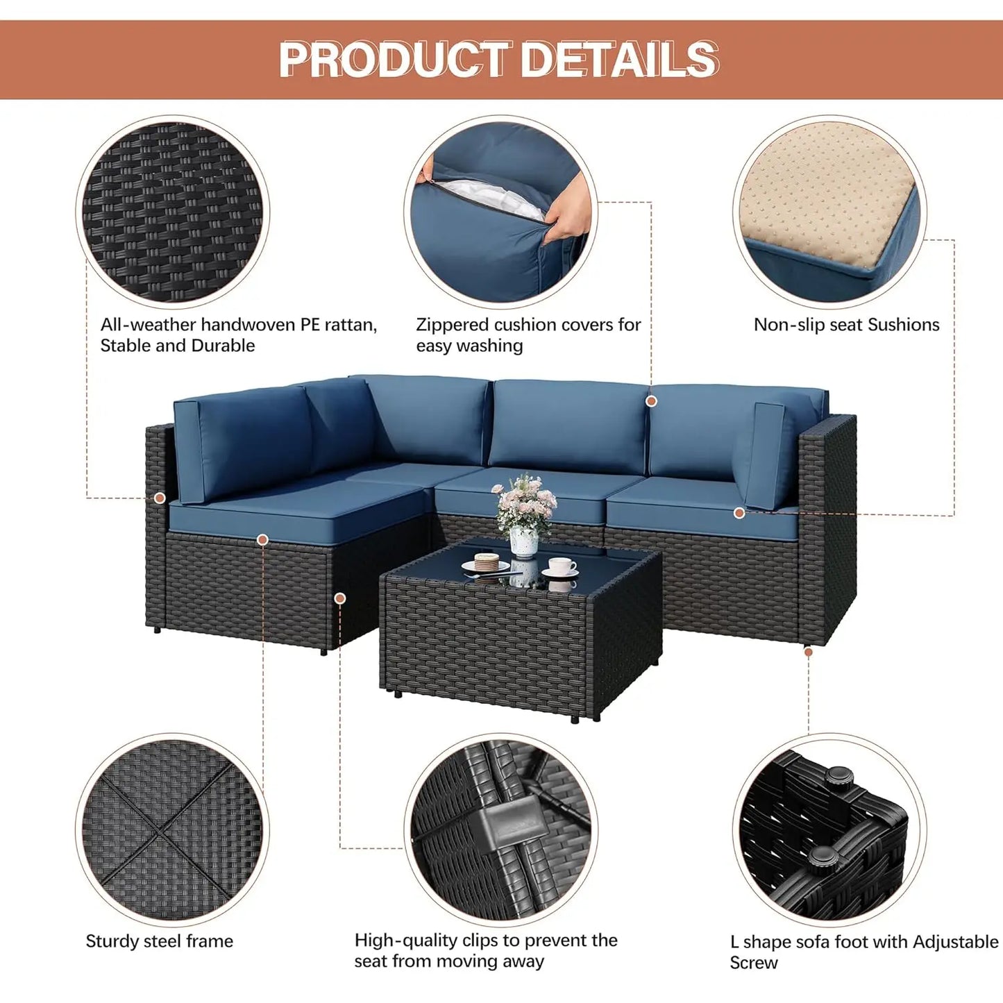 Patio Furniture Sets, 5-Piece Outdoor Patio Furniture with Thick Cushions, Wicker Outdoor Conversation Set, Customized