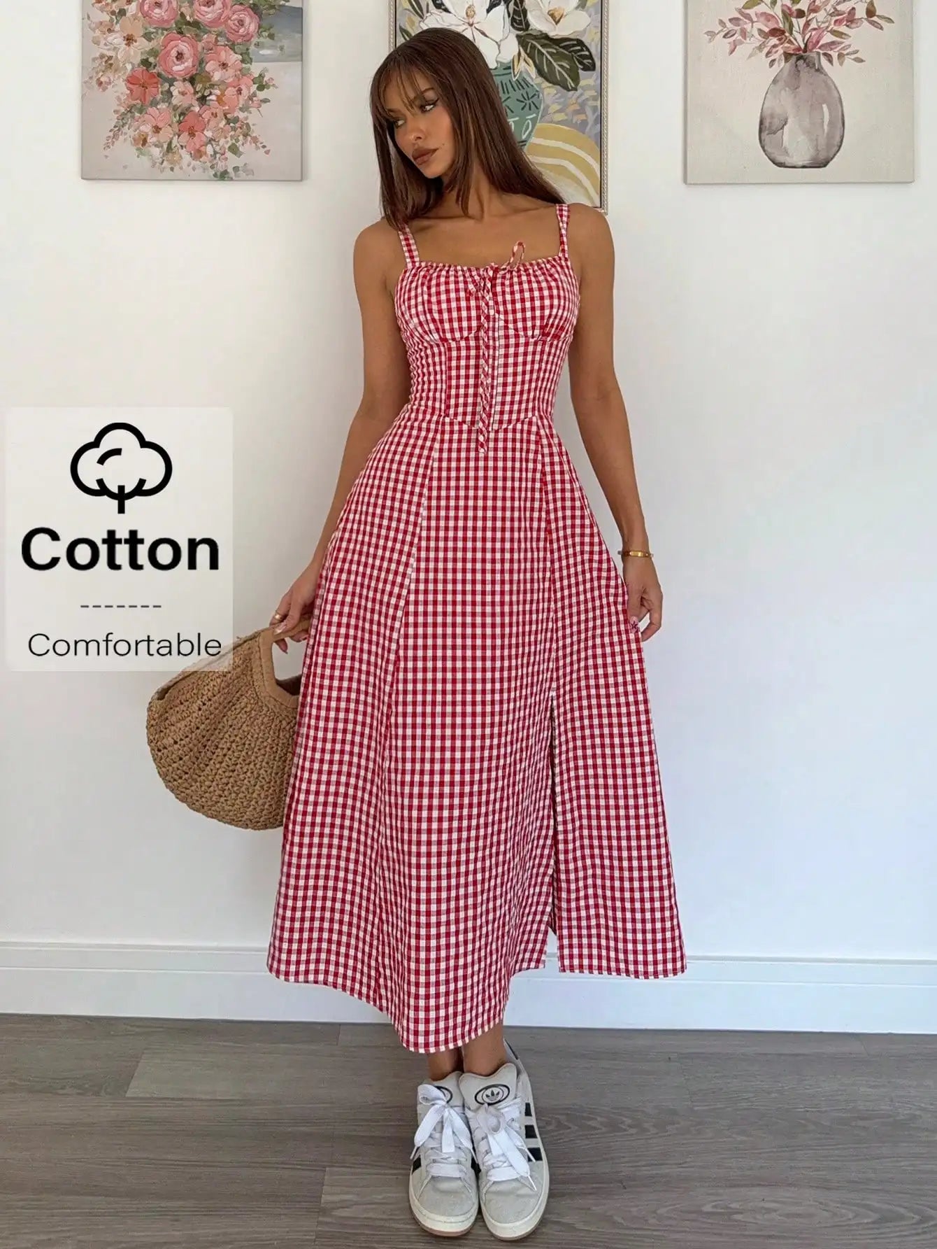 Red Gingham Women's Mid-Calf Dress with Spaghetti Straps, Casual Summer Style, Cotton Comfortable Fit