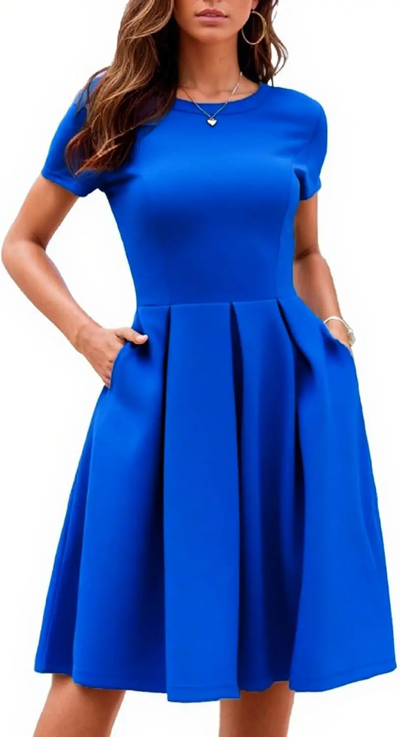Red A-Line Short Sleeve Dress with Pockets for Women, Summer Party Church Bridesmaid Graduation Occasion