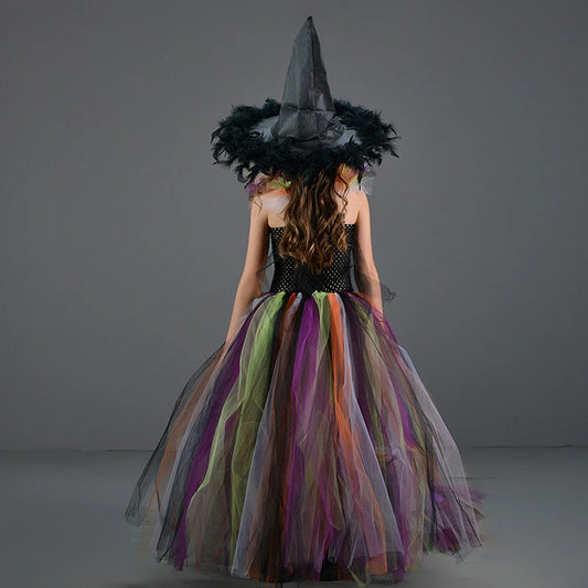 Kids Halloween Witch Costume Set with Tulle Dress Cross Tie Up Design Witch Hat and Broomstick for Cosplay Party