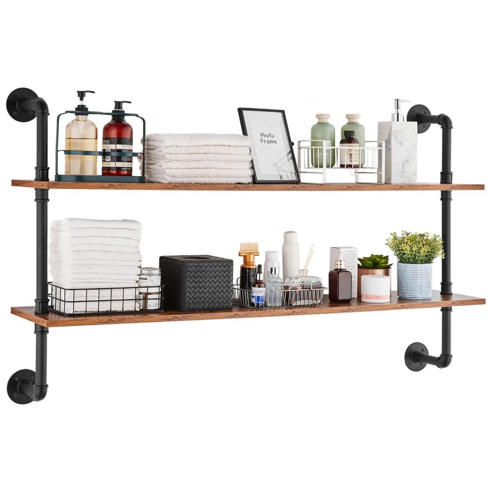 2 Tier Industrial Pipe Shelf 48x9.84 Inches Wall Mounted Storage Solution for Kitchen and Bedroom Organization