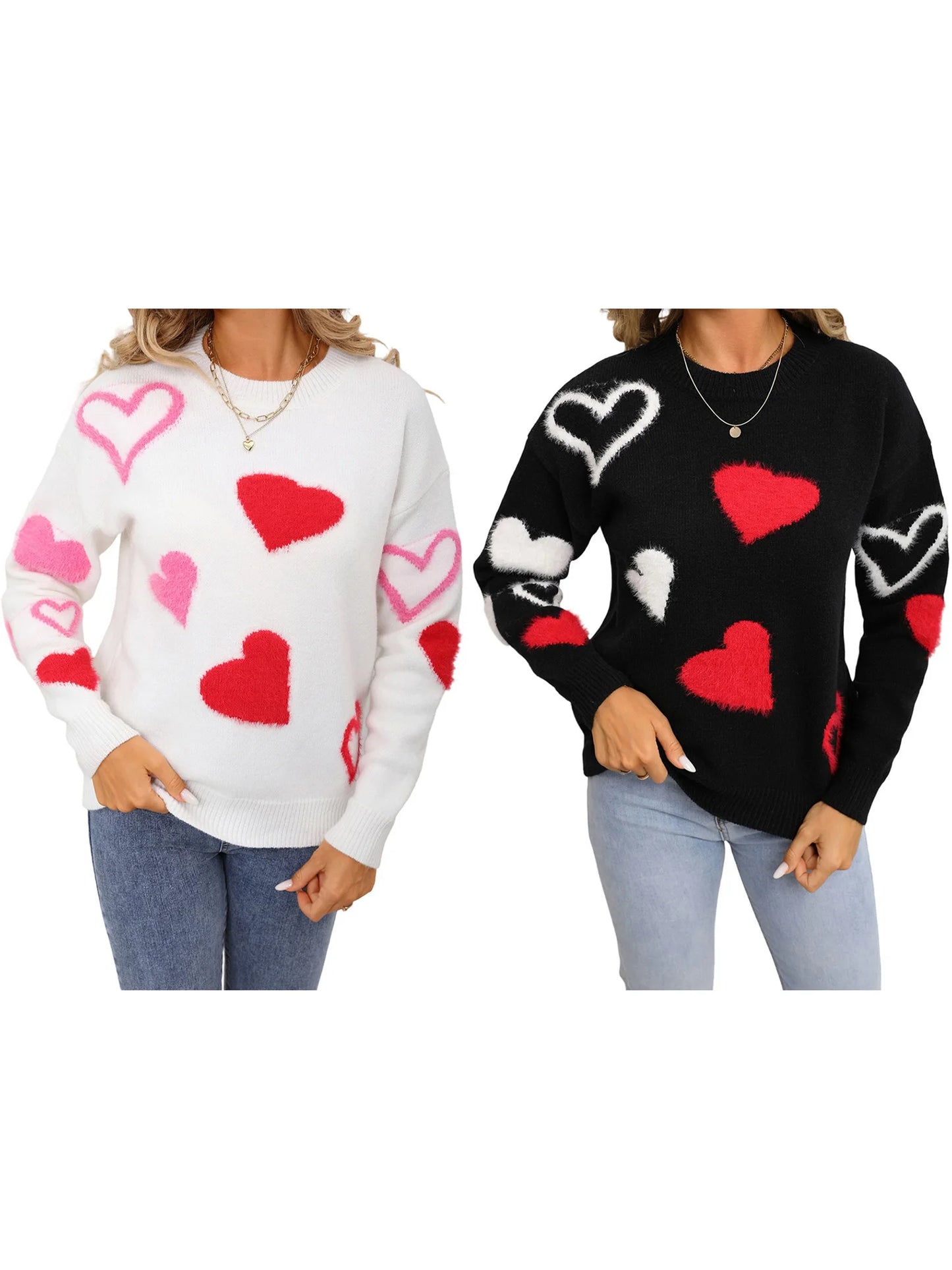 Valentine s Day Women s Sweater with Heart Pattern Long Sleeve Round Neck Knit Pullover Top for Winter Wear