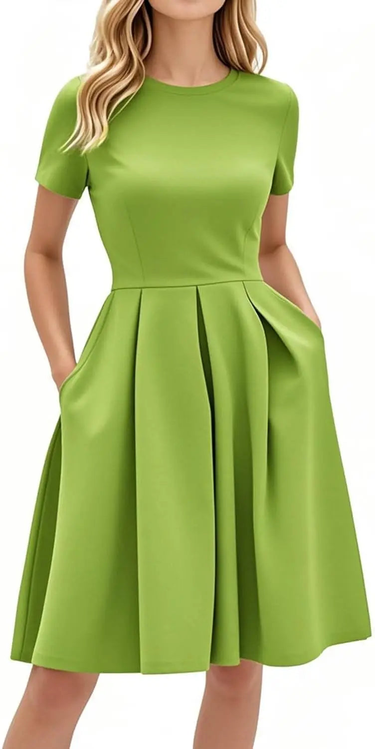 Red A-Line Short Sleeve Dress with Pockets for Women, Summer Party Church Bridesmaid Graduation Occasion