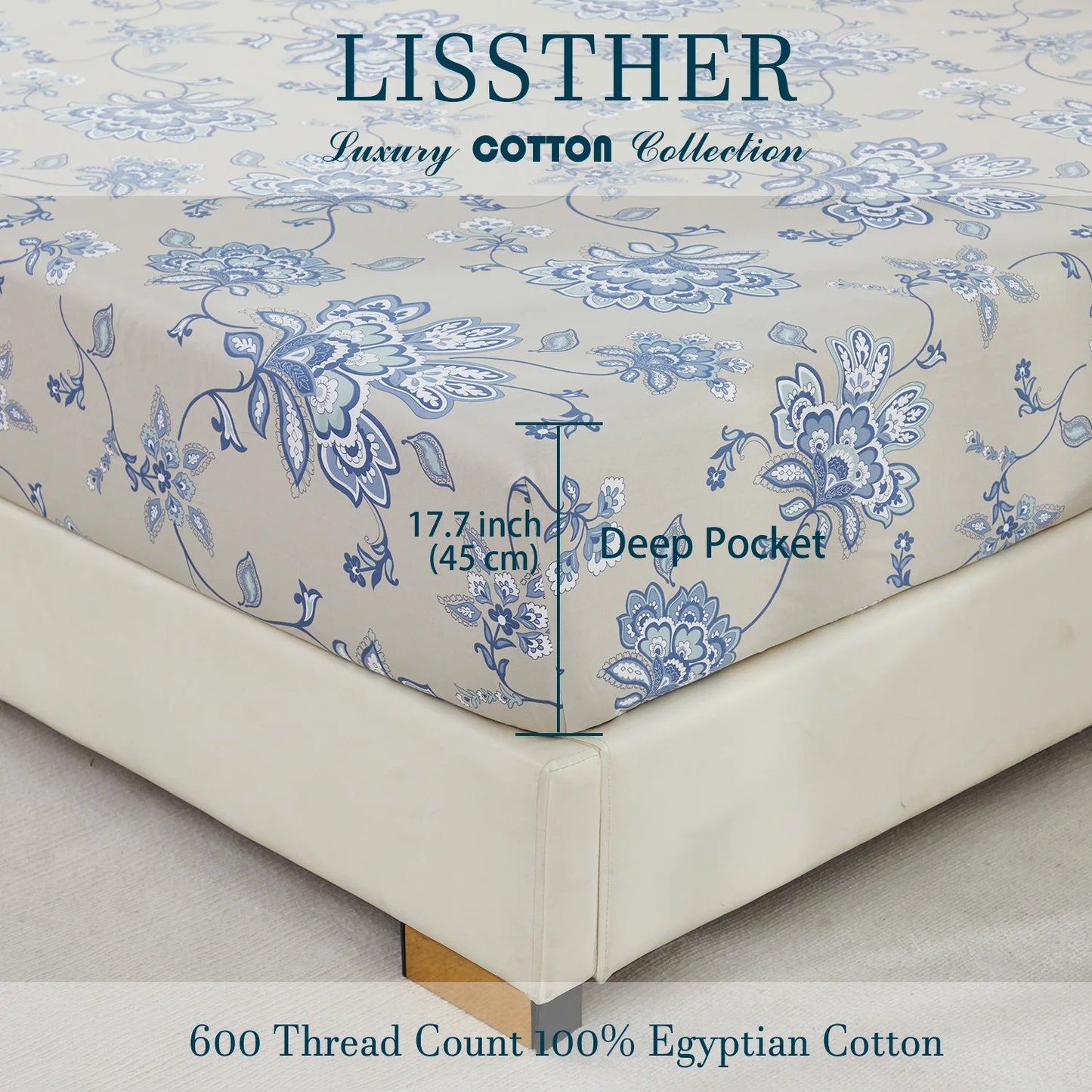 4 Pieces 600TC 100 Percent Egyptian Cotton Sheet Set Blue Boho Damask Paisley Floral Soft Skin Friendly