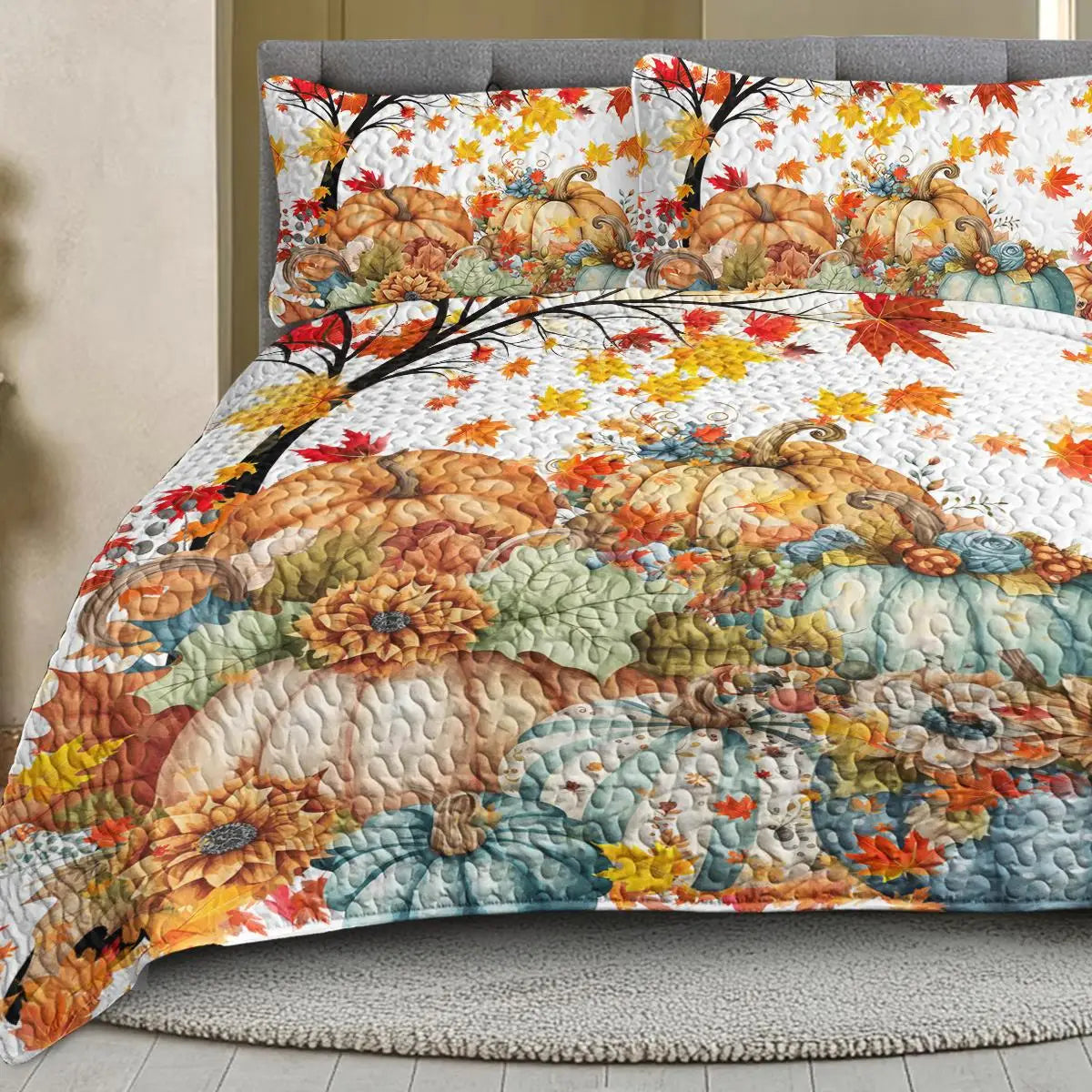 Colorful Pumpkin Oil Painting Quilt Set - 3 Piece Queen Bedding with 2 Pillowcases for Fall and Thanksgiving Gift