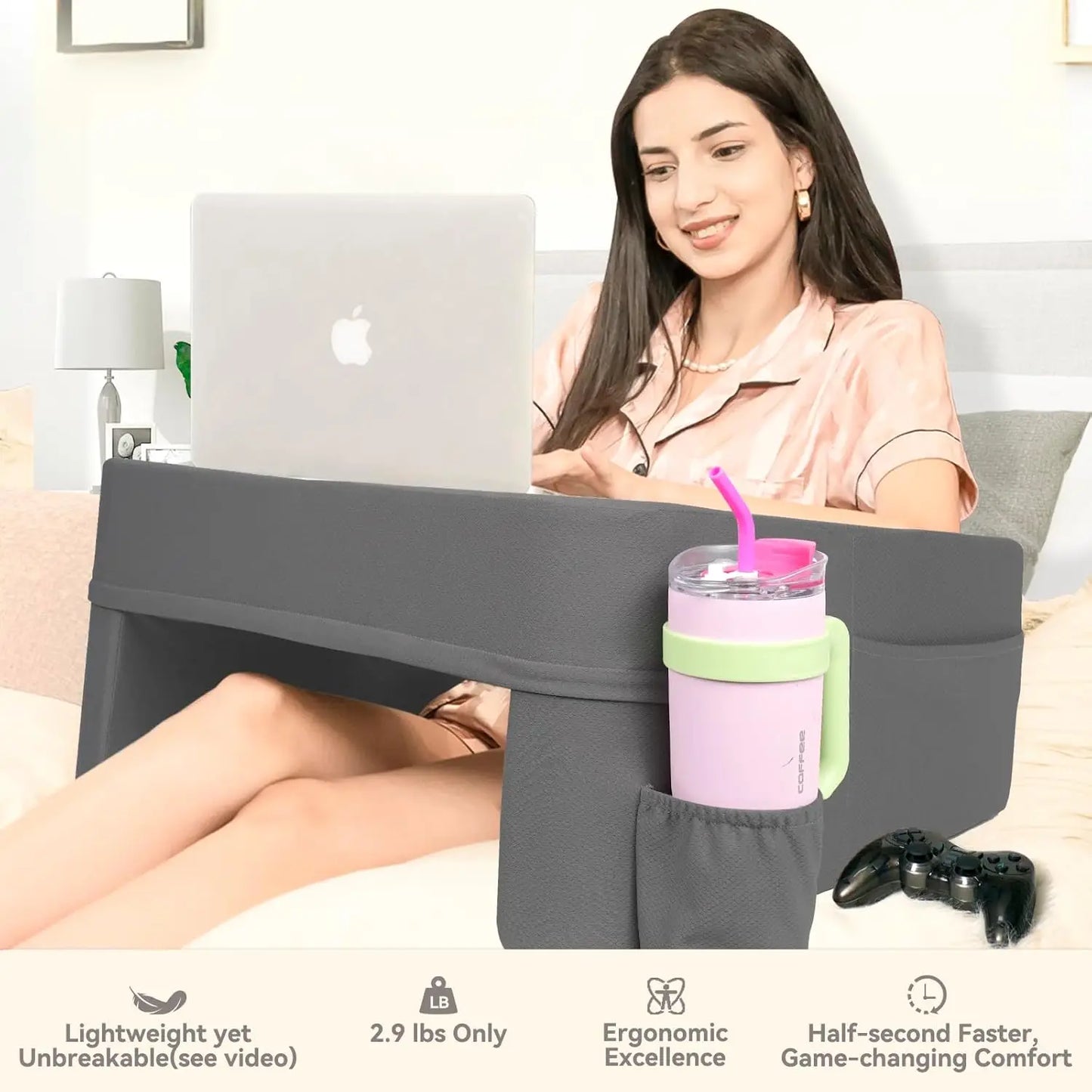 Reading Pillow for Bed,Reading Pillows for Sitting in Bed Adult with Cup Holder Pocket,Comfort Laptop Lap Desk for Couch