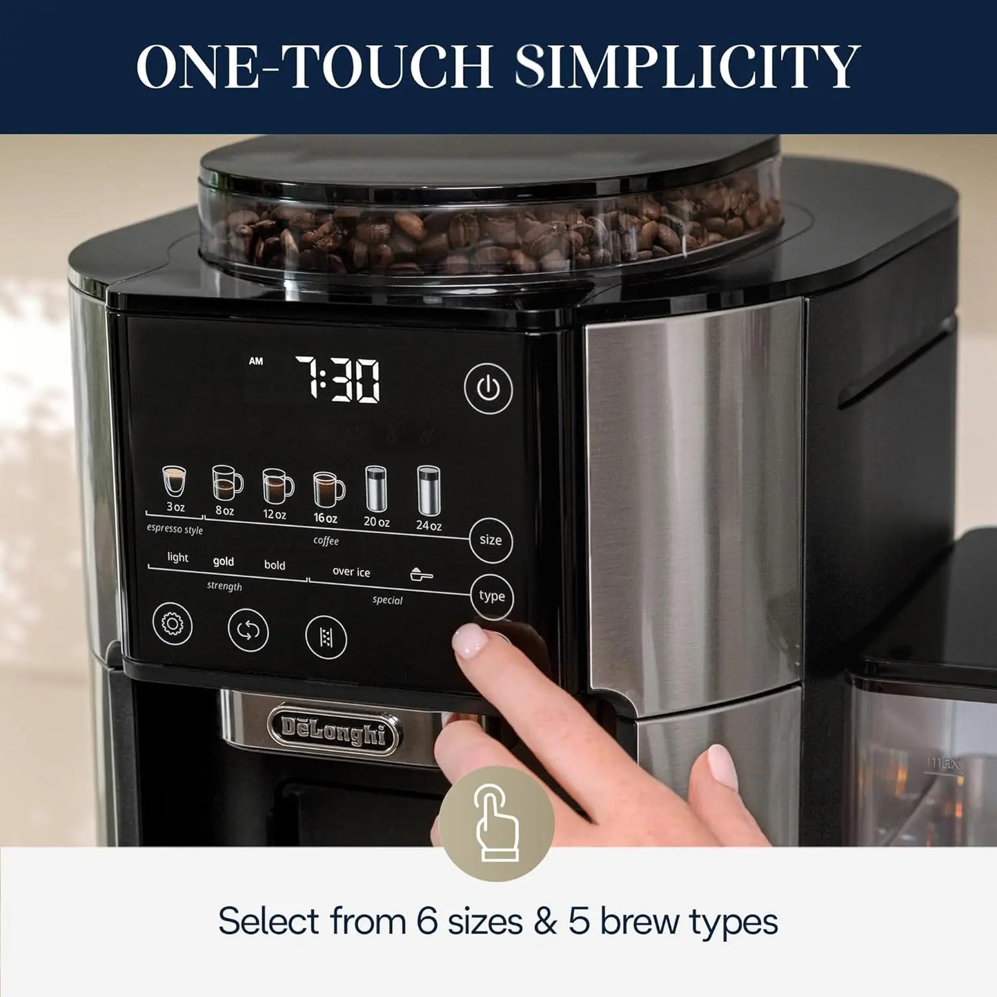 True Brew Drip Coffee Maker, Built in Grinder, Single Serve, 8 oz to 24 oz, Hot or Iced Coffee, Stainless, CAM51025MB