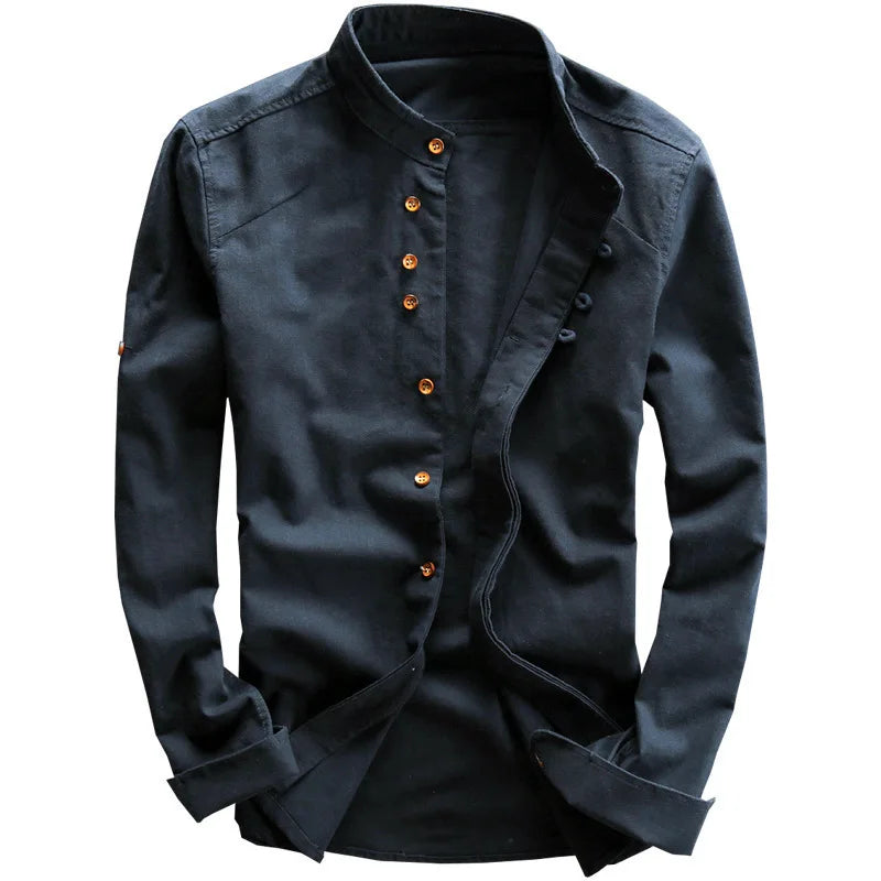 Casual Linen Men's Shirt Gentleman Style Stand Collar Spring New Arrival Wish Cotton Linen Shirt Comfortable Loose Fit Long S...