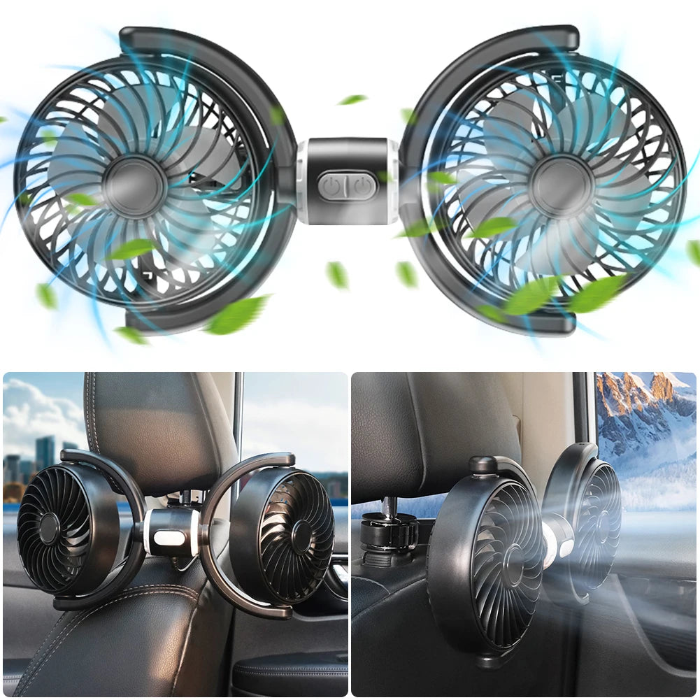 Dual Head Car Seat Back Cooling Fan 360 Degree Rotatable USB Brushless Automotive Fan for Car Home Accessories