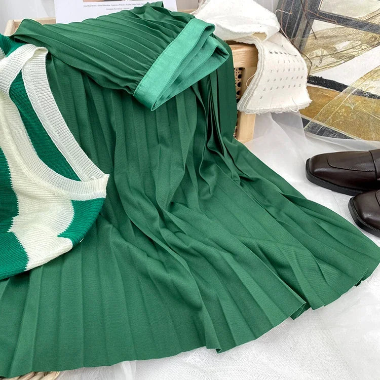 2025 Women Elegant Pleated Skirt High Waist Women Mid-long Skirt Female Ladies High Quality Women Midi Skirt Black Saia