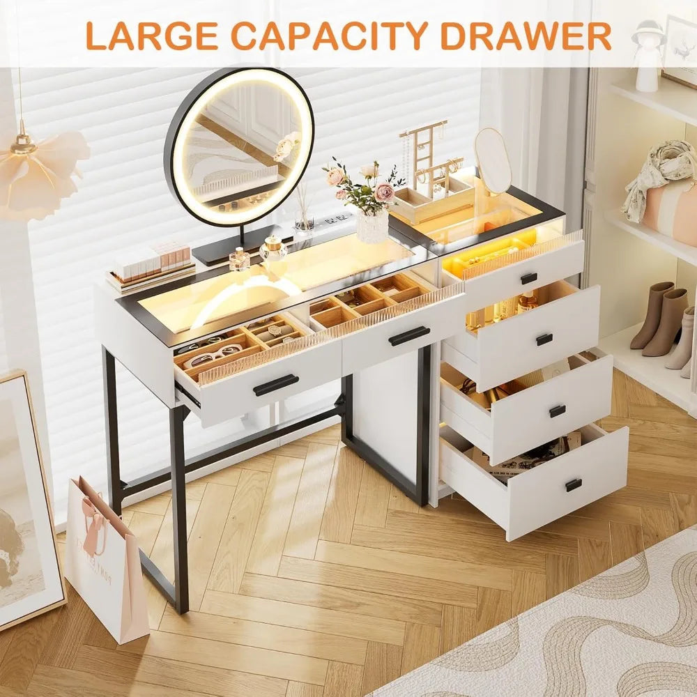 49 Inch Modern Vanity with Mirror and Light Charging Station 6 Drawers and Separate Drawers Bedroom Glass Vanity