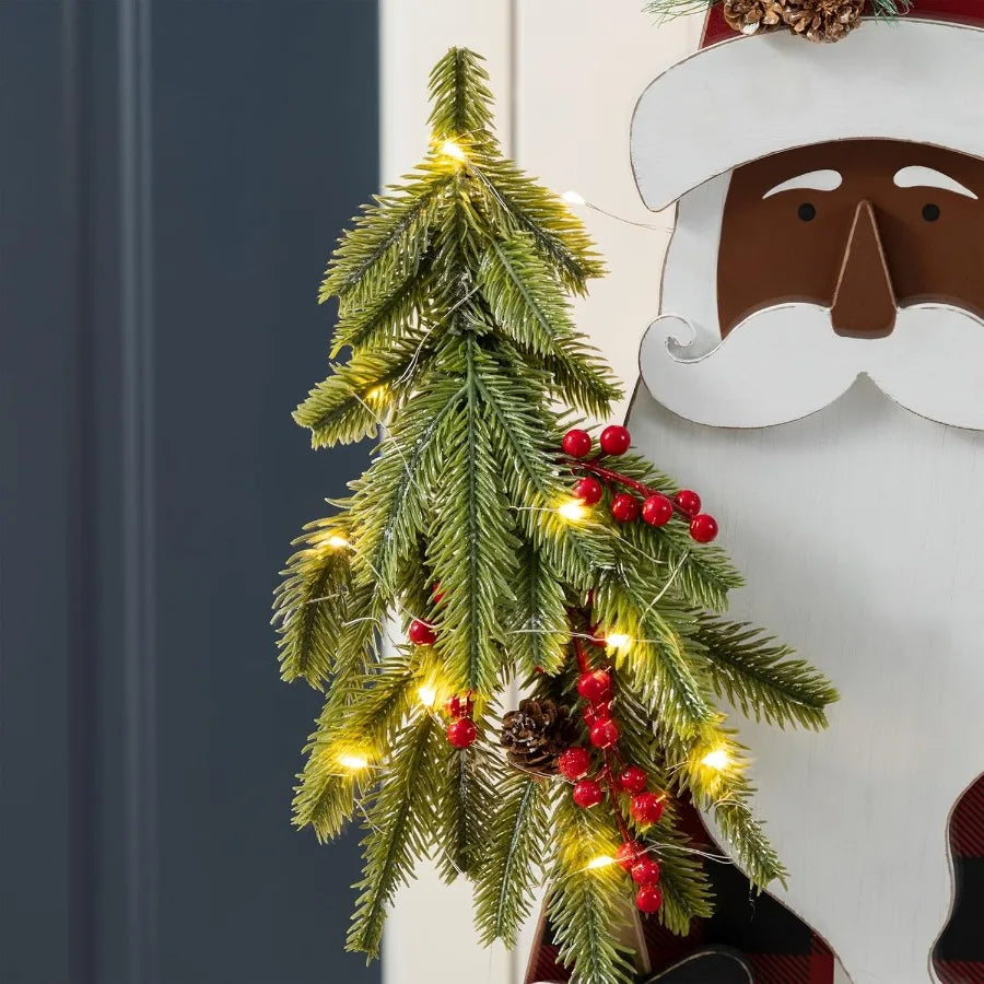 36''H Lighted Wooden Santa Claus Decor with Timer and LED Lights for Outdoor Porch Decoration During Christmas Season Featuring