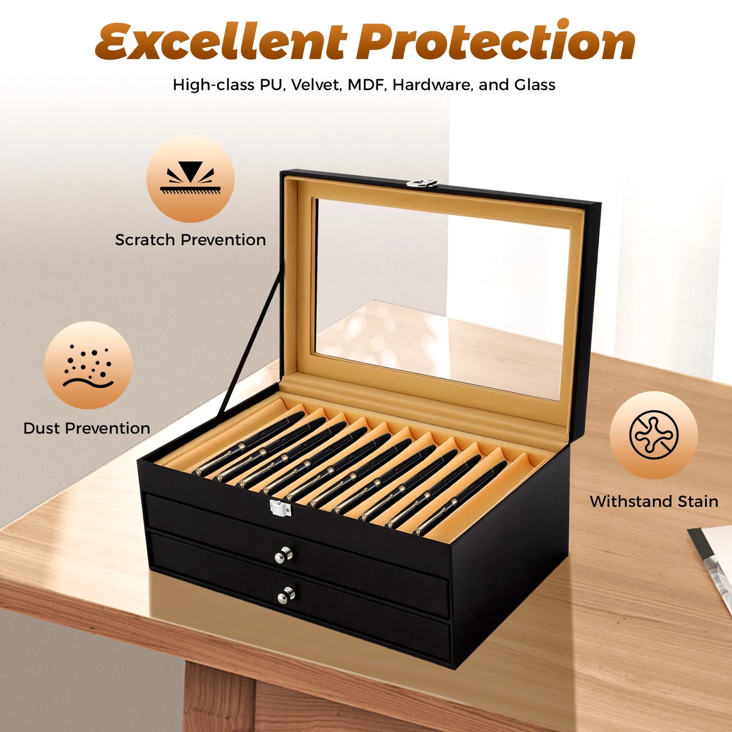 NEWEST 36 Slots Pen Display Box, Leather Pen Organizer Box, Glass Window Pen Collection Display Case, Luxury Pen Collector Case, Black