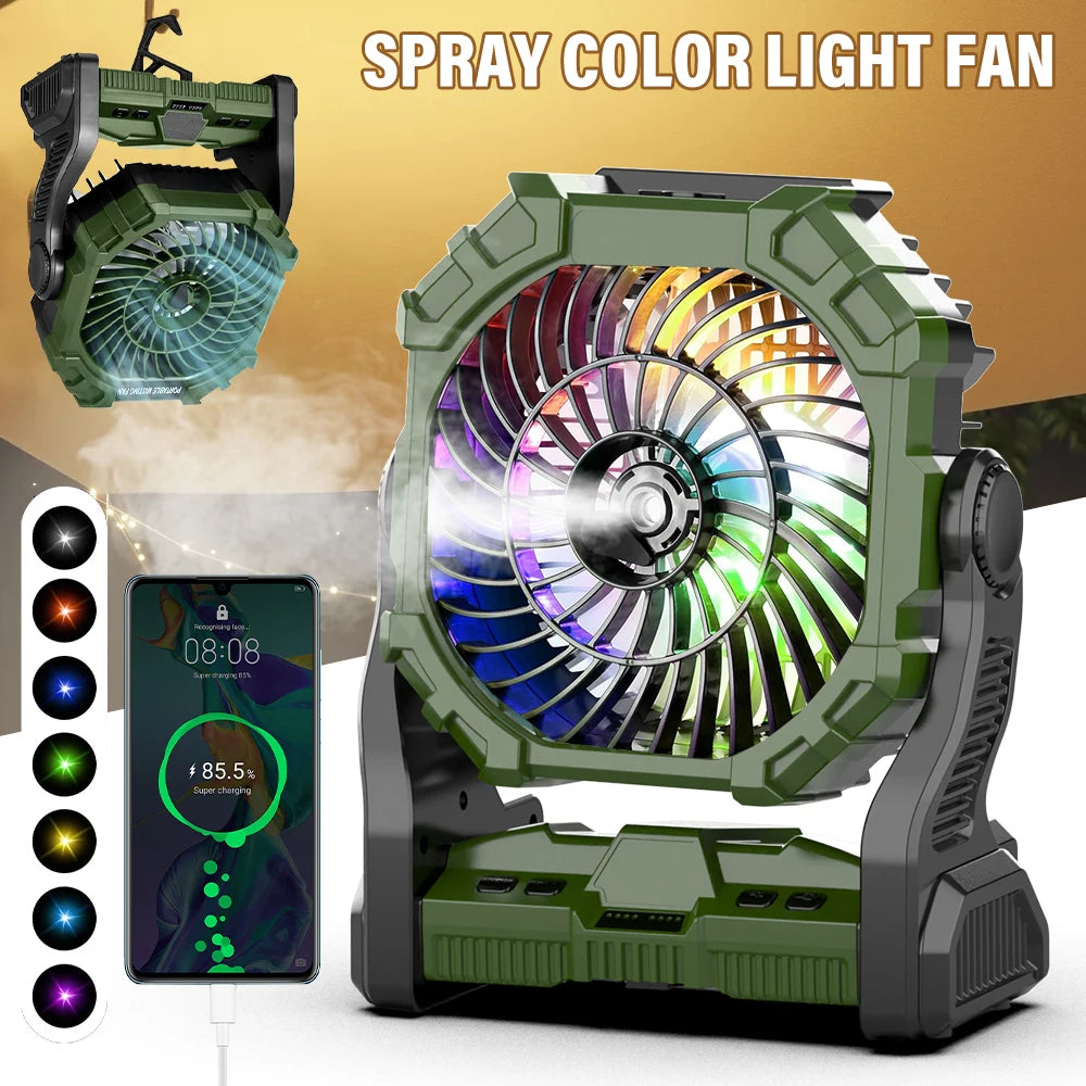 Wireless Camping Fan with 4 LED Color Light Control and 360 Degree Rotation Portable Misting Humidifier