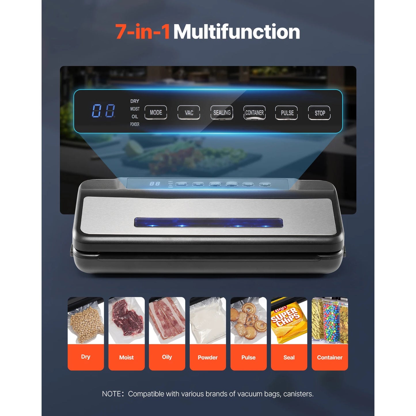 SucceBuy 80Kpa 120W Electric Vacuum Sealer Machine 7-in-1 Wet Food Sealer with Built-in Cutter Knife for Kitchen Food Storage