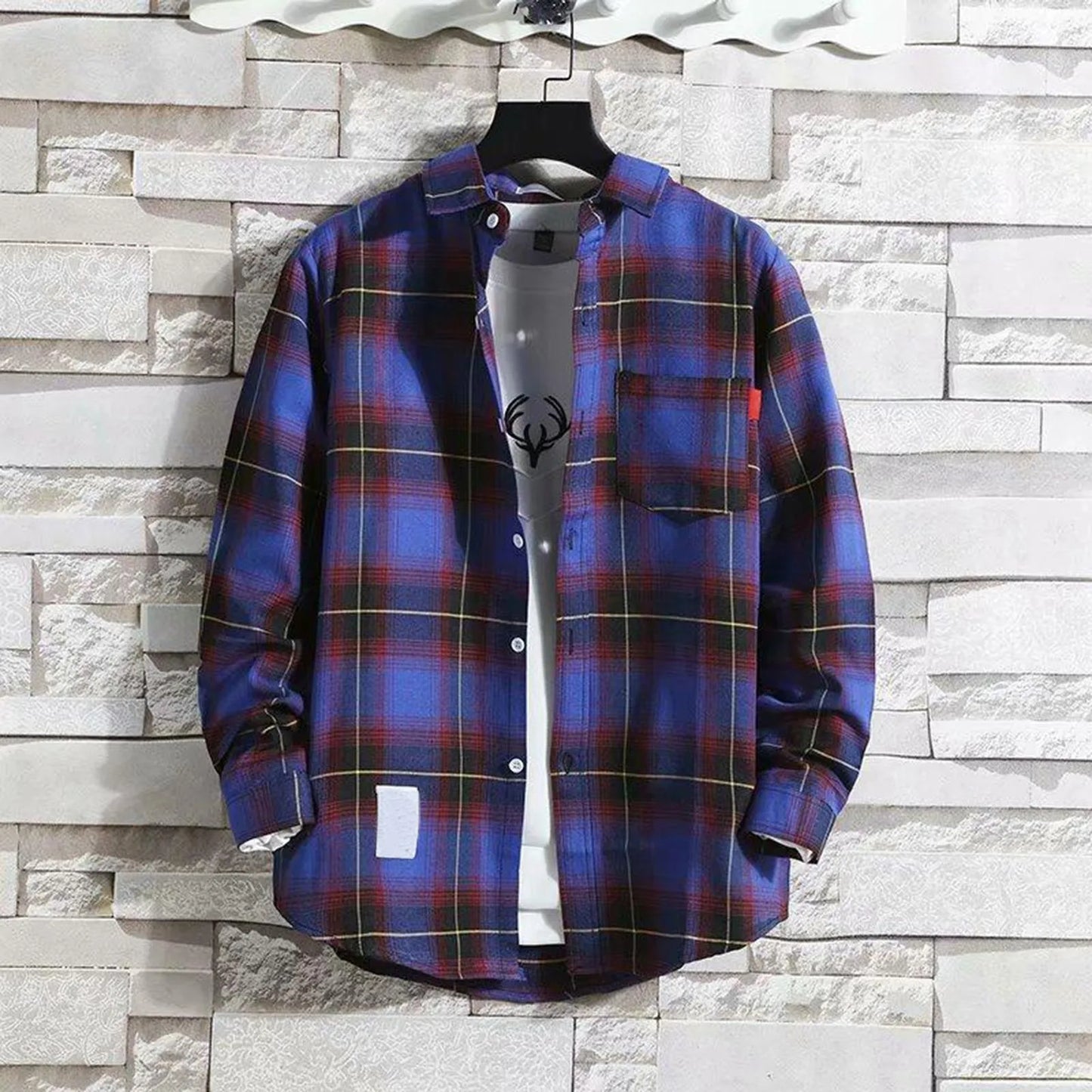 Harajuku Style Yellow Plaid Shirt For Men And Women Casual Loose Fit Long Sleeve British Fashion Trendy Couple Clothing