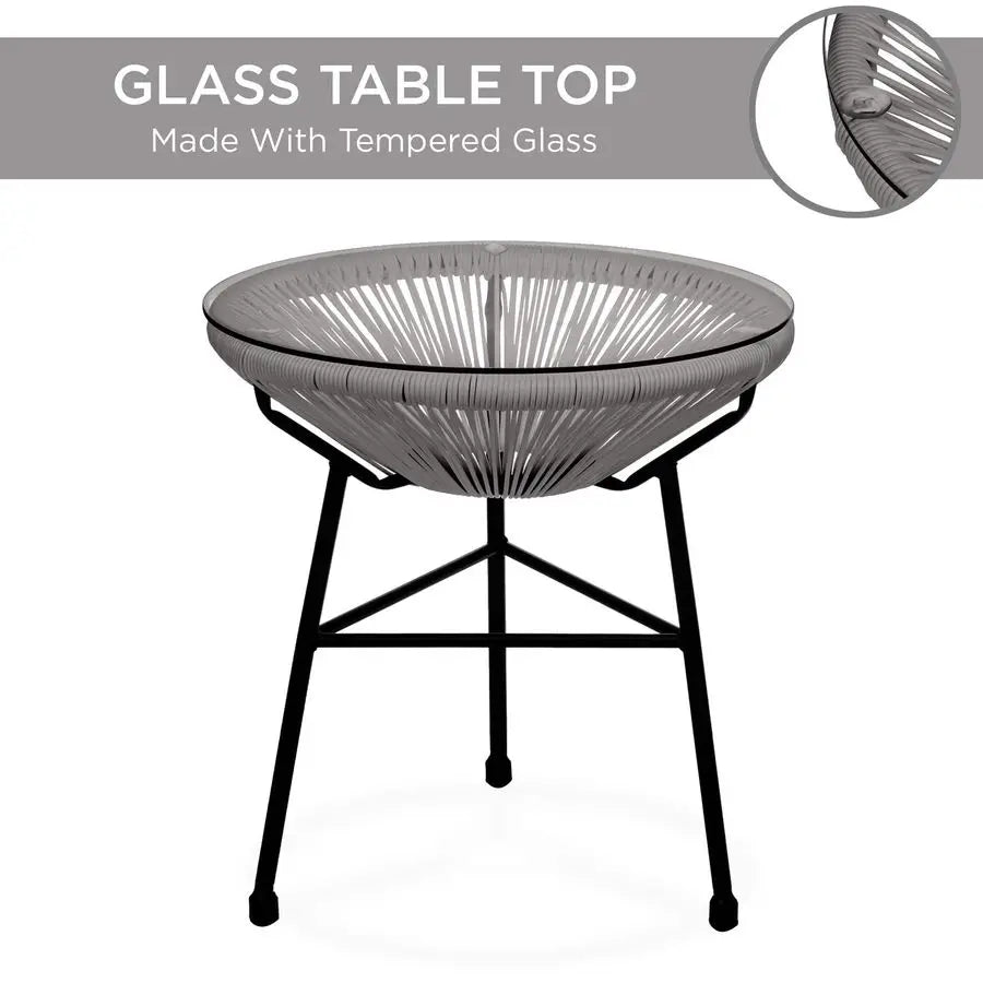 3Piece Outdoor Acapulco AllWeather Patio Conversation Bistro Set w Plastic Rope, Glass Top Table and 2 Chairs Gray