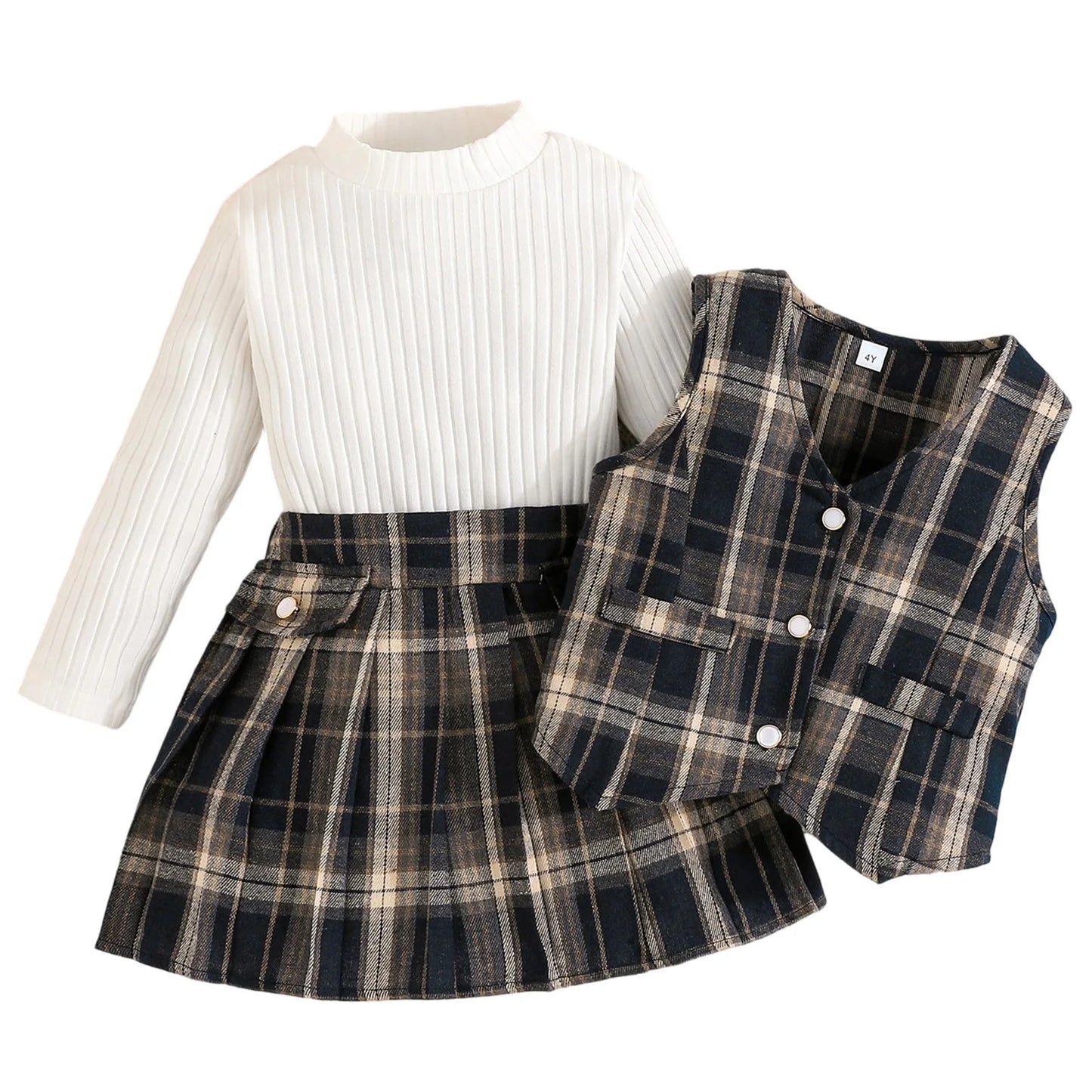 Stylish Toddler Girls 3-Piece Outfit featuring Ribbed Tops Plaid Skirt and Button Down Vest for a Fashionable Look