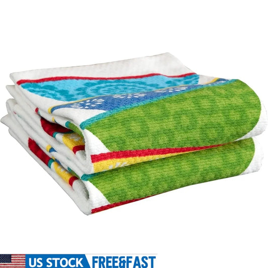 Double Sided Print Woven Cotton Kitchen Dish Towel Set 2-pack Lint-Free Absorbent Soft Machine Washable 16x26 Inch
