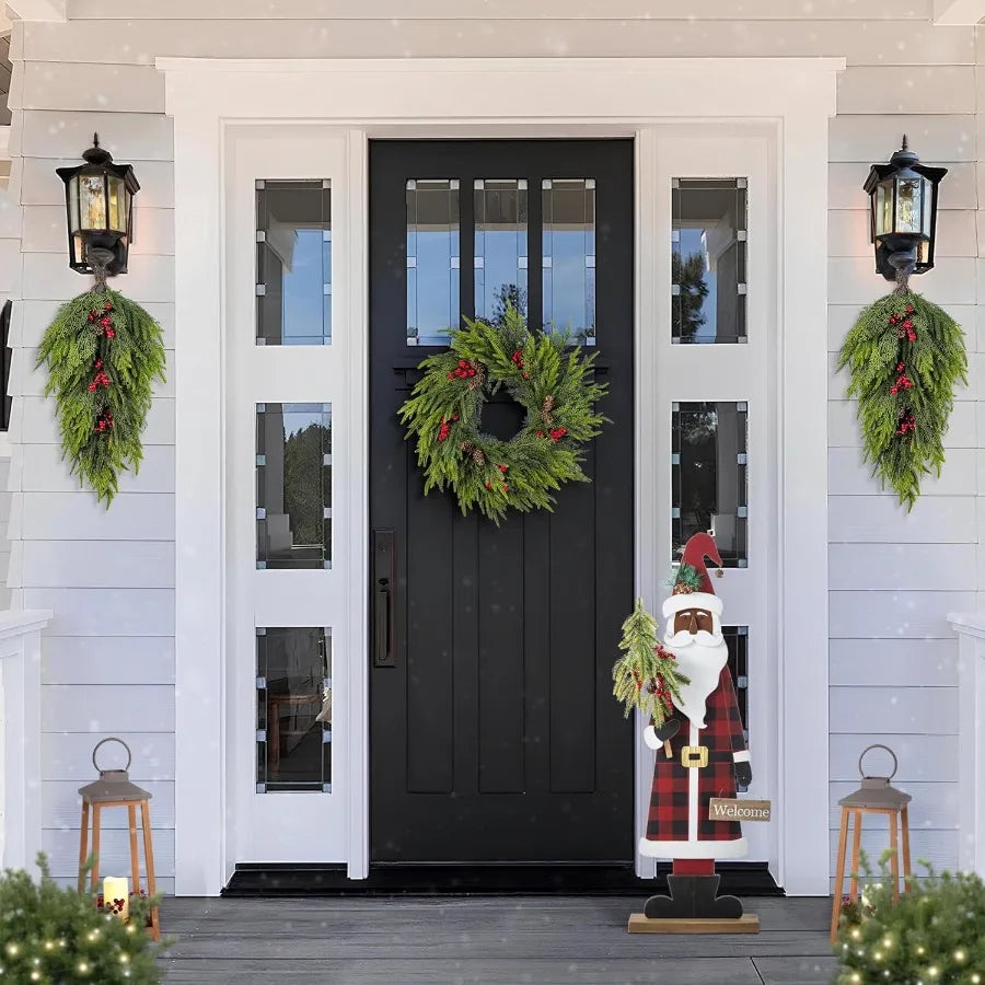 36''H Lighted Wooden Santa Claus Decor with Timer and LED Lights for Outdoor Porch Decoration During Christmas Season Featuring