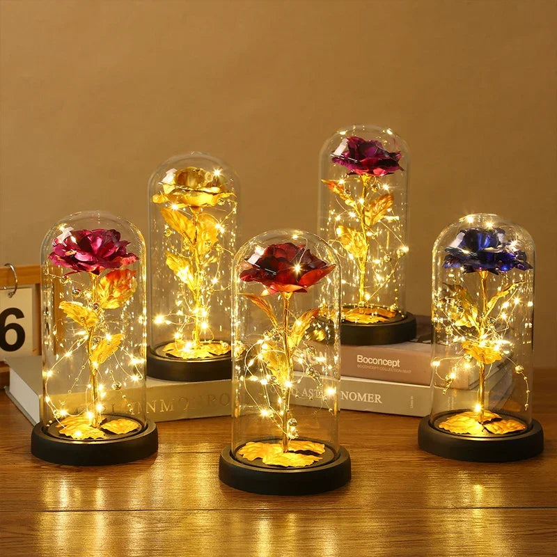 Mothers Day Gifts Party LED Light Foil Flower in Glass Cover Valentine's Day Gift in Glass Simulation Rose Flower