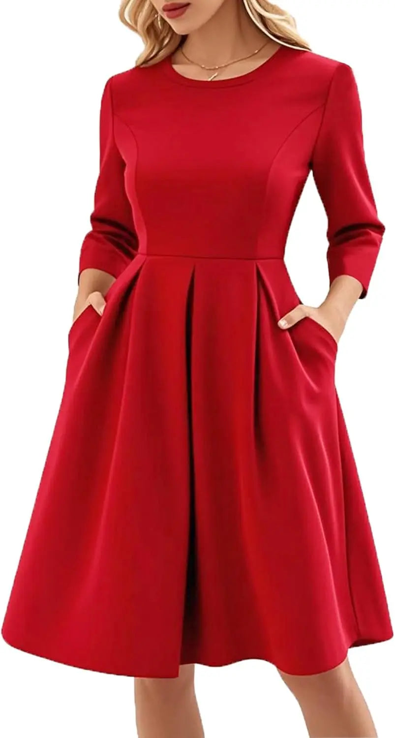 Red A-Line Short Sleeve Dress with Pockets for Women, Summer Party Church Bridesmaid Graduation Occasion