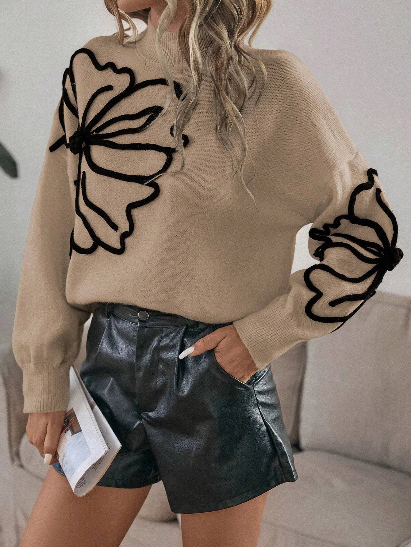 Women's Elegant Beige Butterfly Pattern Sweater - Soft Acrylic, Mock Neck, Long Sleeve, Loose Knit Pullover, Chic Casual Attire