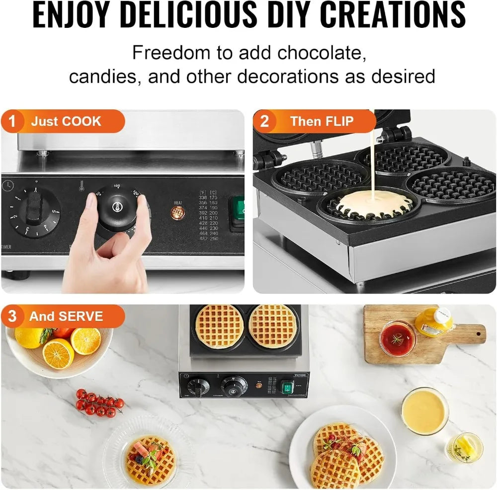 1750W Commercial Waffle Maker 4PCS Round Non-Stick Belgian Waffle Iron with Temperature Time Control for Restaurant Bakery