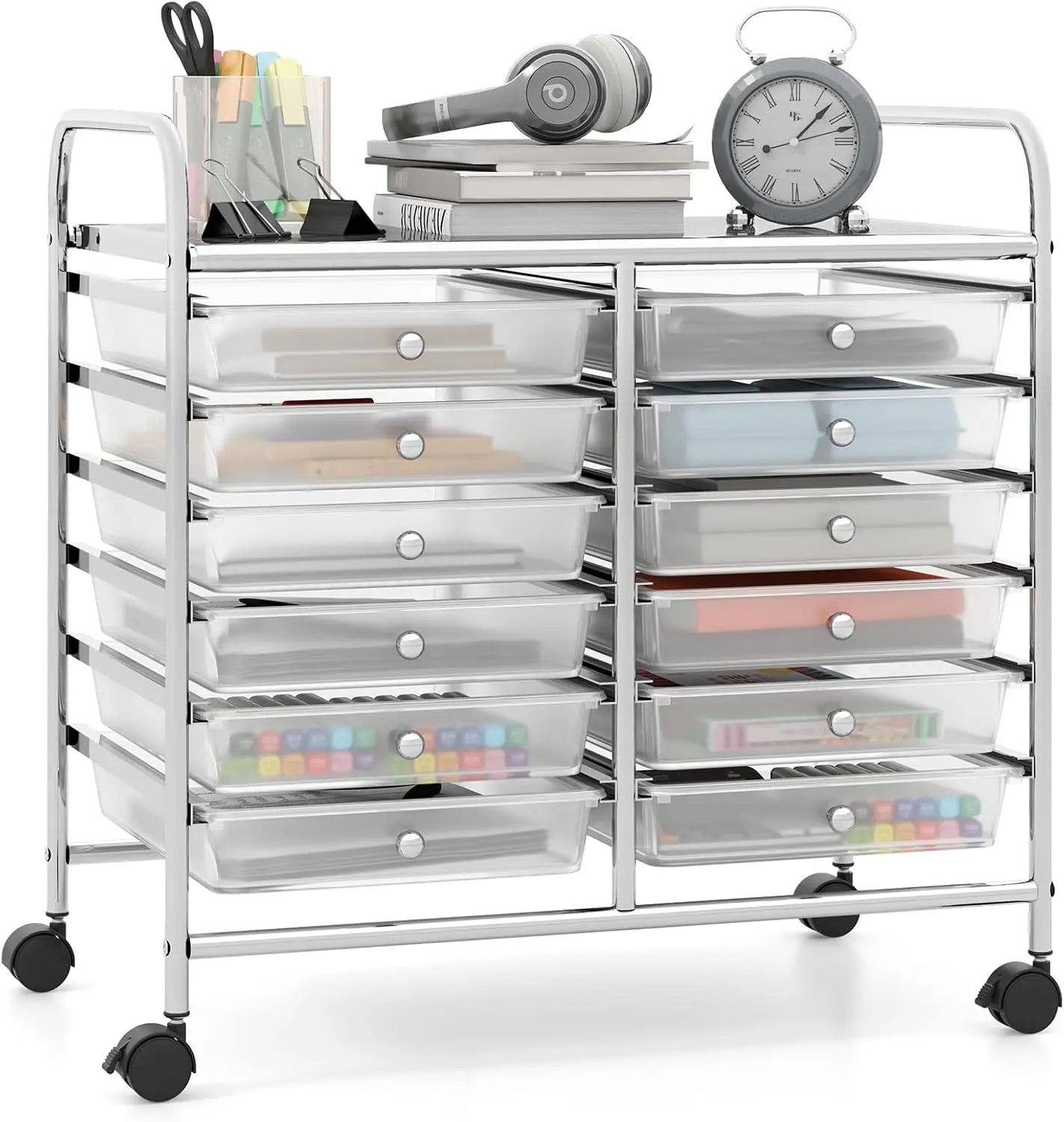 20-Drawer Utility Cart on Wheels, Semi-Transparent Mobile Organizer for Office, School, Tools & Crafts