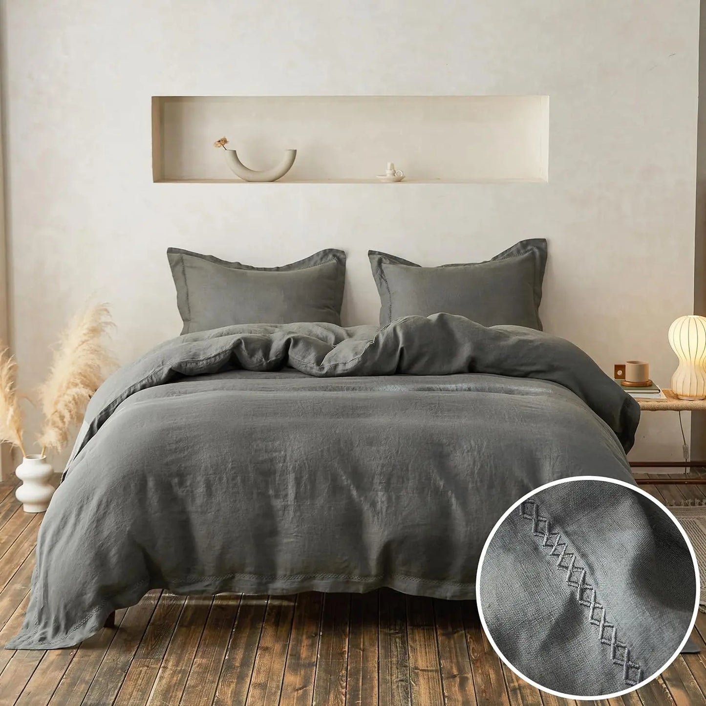 Simple Opulence 100 Percent Linen 3 Pieces Bedding Set with Crossed Embroidery Queen King Size Duvet Cover Bed Sheet Set Fitted Sheets