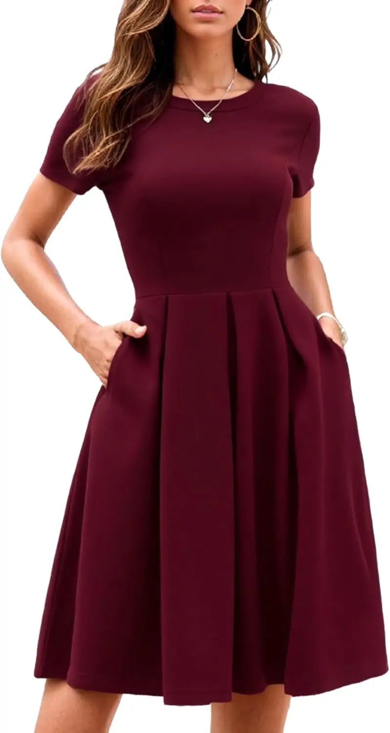 Red A-Line Short Sleeve Dress with Pockets for Women, Summer Party Church Bridesmaid Graduation Occasion