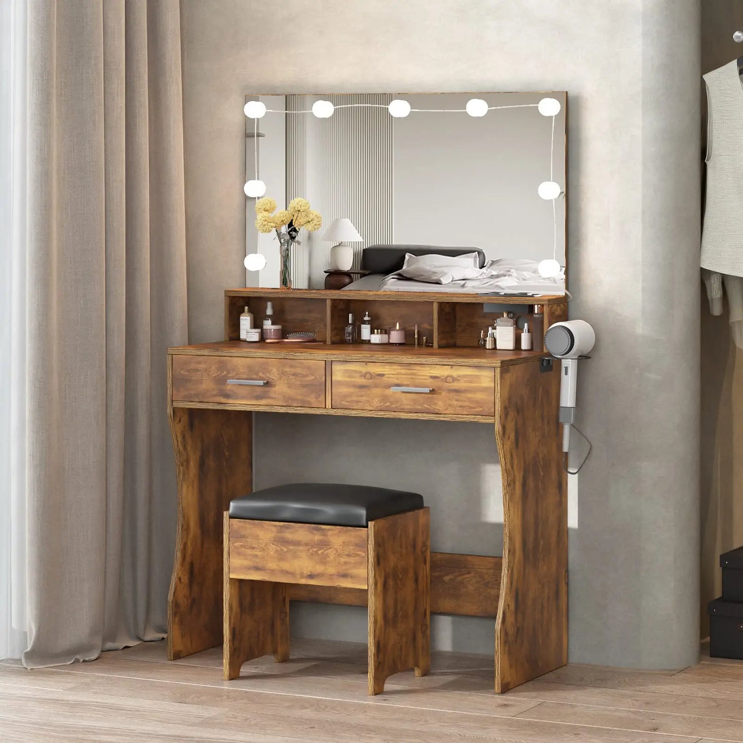 Vabches Vanity Desk with Lights Mirror Makeup Vanity Table and Power Outlet 2 Drawer Set with Chair Wooden Dressing Table