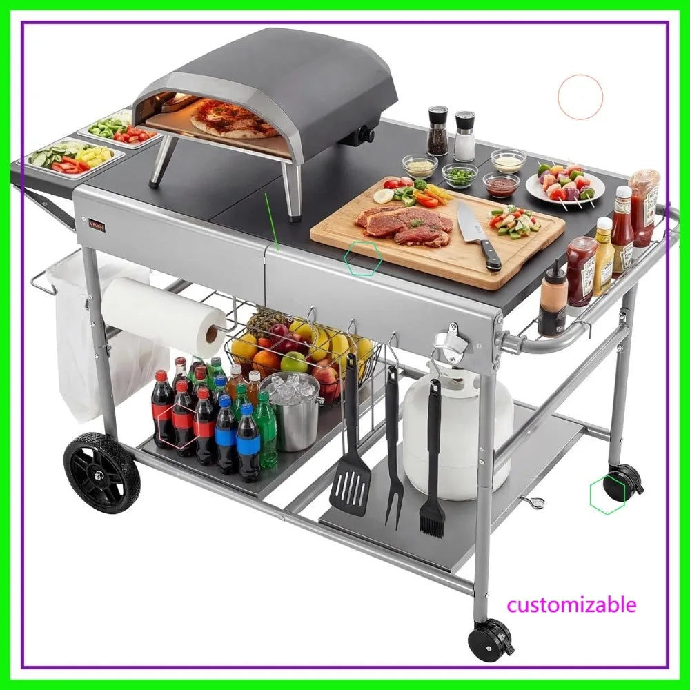 Outdoor Grill Cart with Wheels, 36.4x23.4 Inch Tabletop, Movable BBQ Prep Table for Picnic Kitchen Courtyard