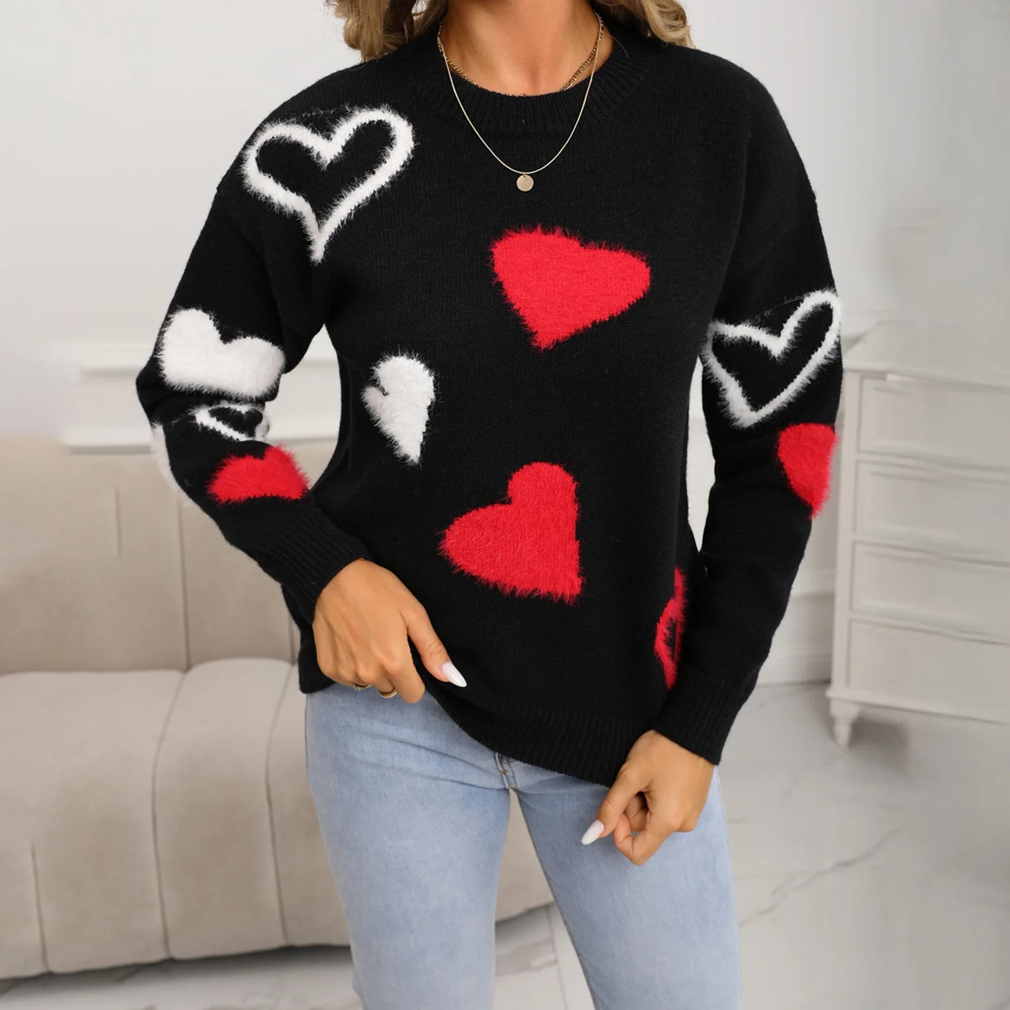 Valentine s Day Women s Sweater with Heart Pattern Long Sleeve Round Neck Knit Pullover Top for Winter Wear