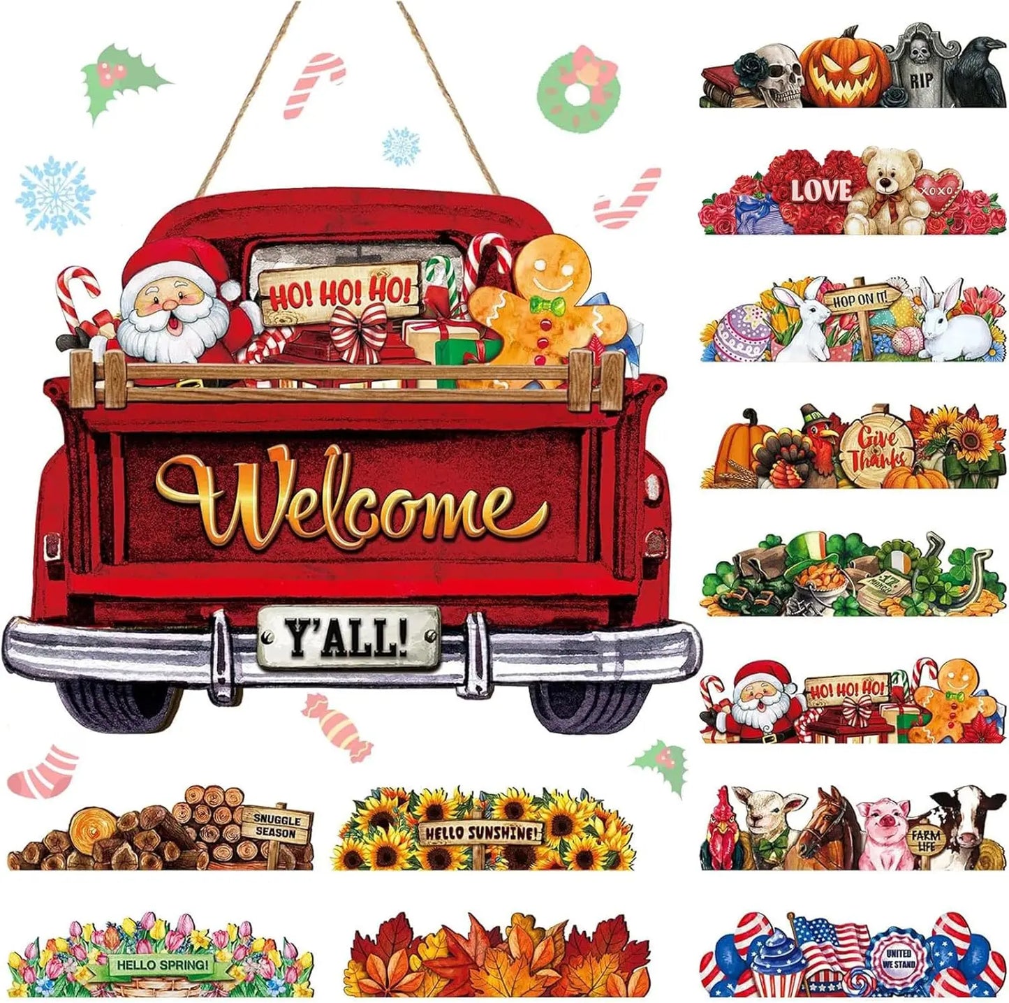 Interchangeable Welcome Sign Truck Decor Hanging Sign with 12 Holiday Icons Farmhouse Seasonal Welcome Signs Rustic Decor Gifts