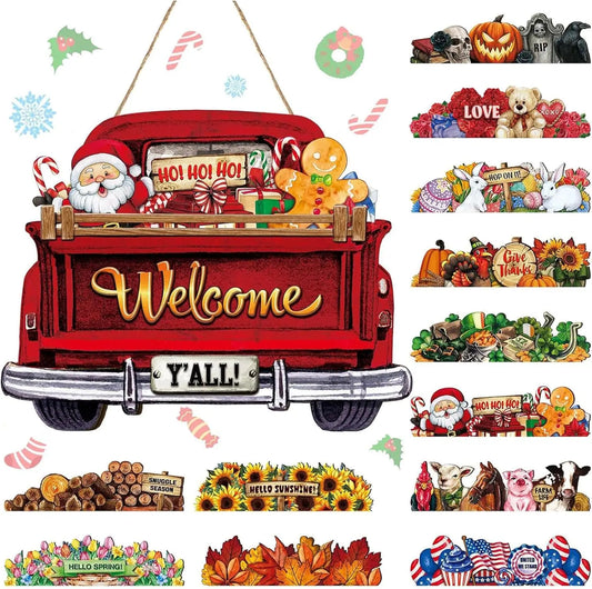 Interchangeable Welcome Sign Truck Decor Hanging Sign with 12 Holiday Icons Farmhouse Seasonal Welcome Signs Rustic Decor Gifts