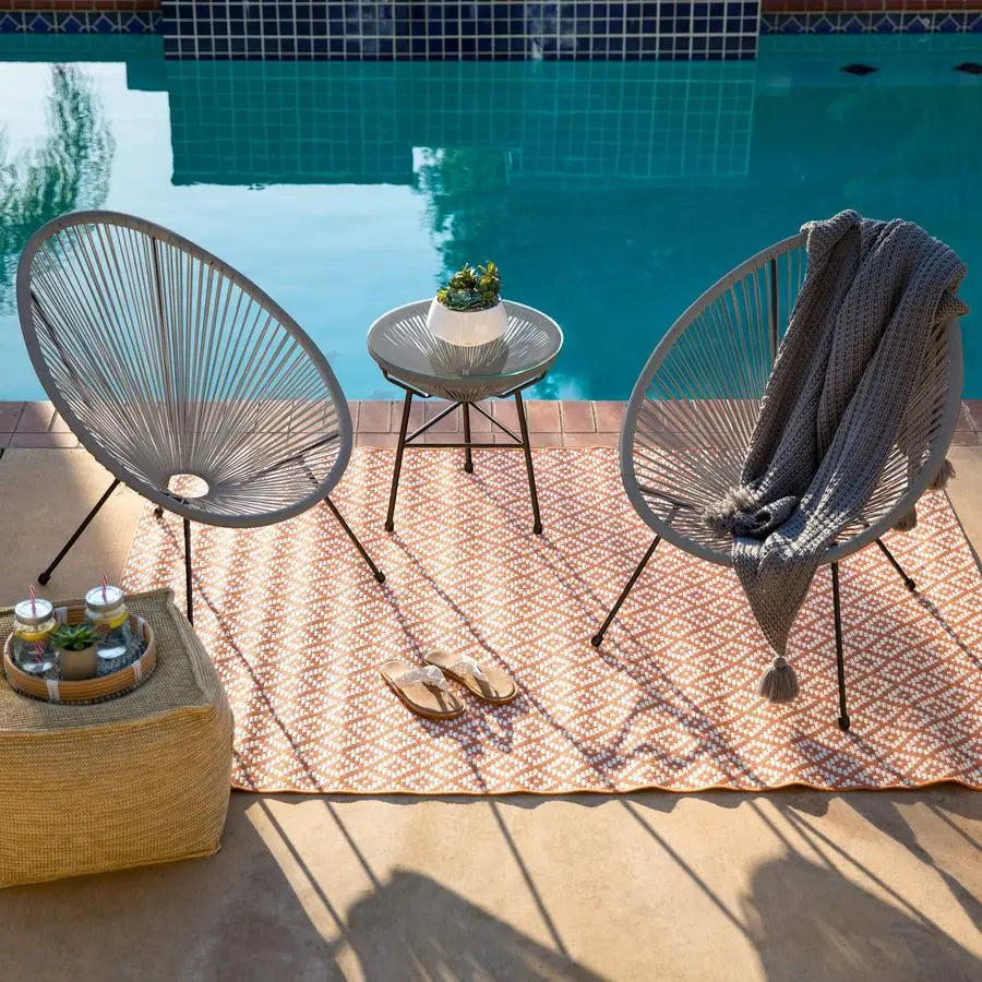 3Piece Outdoor Acapulco AllWeather Patio Conversation Bistro Set w Plastic Rope, Glass Top Table and 2 Chairs Gray