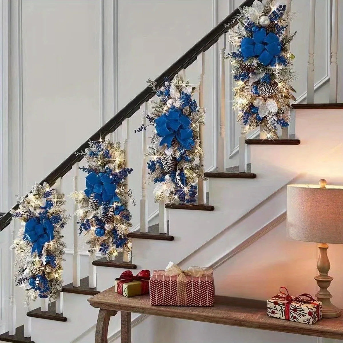 6Pcs Pre-Lit Stairway Christmas Swags Christmas Staircase Decorations Artificial Stairs Christmas Garland with Lights