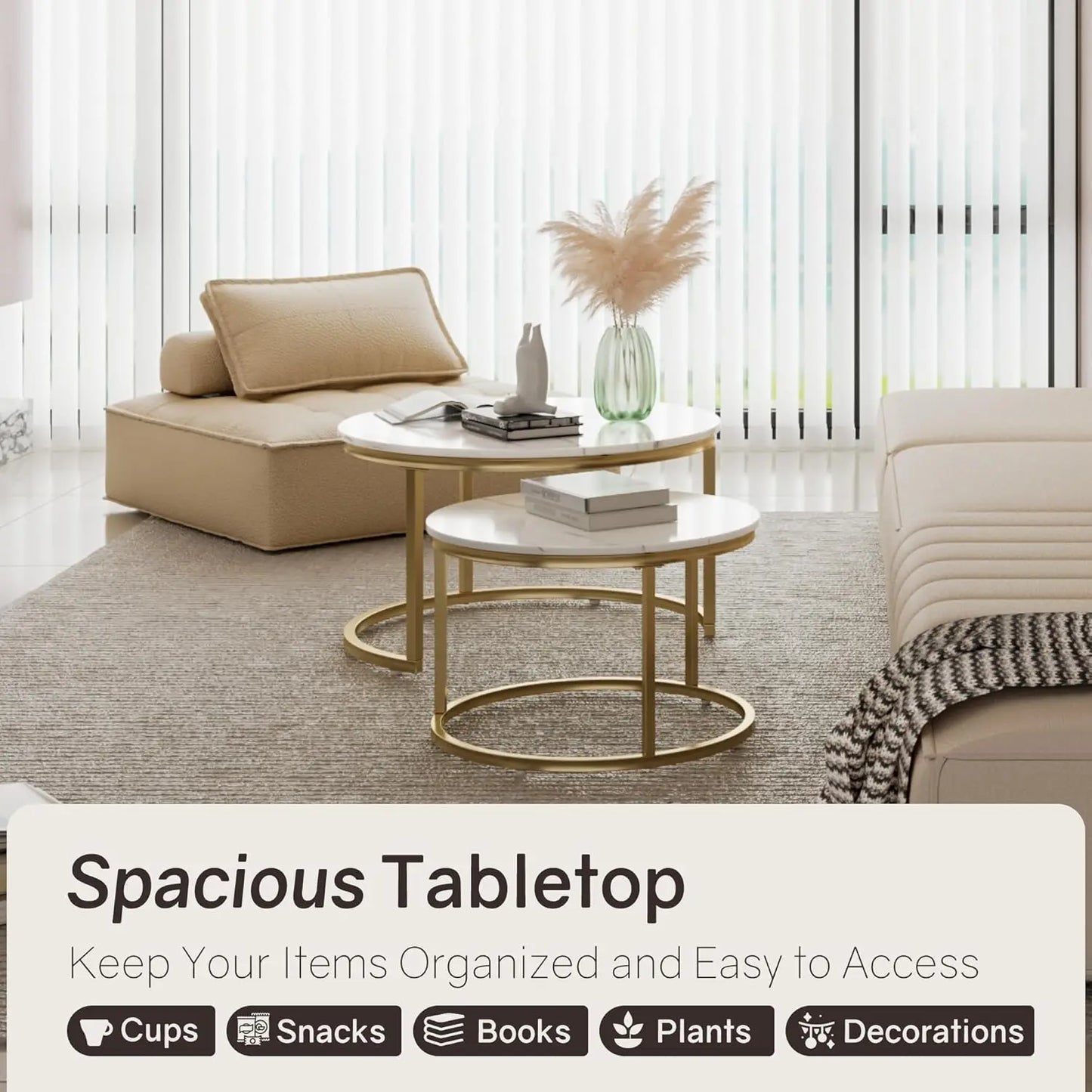 [New Arrival!]Nesting Tables Set of 2, 31.5" Round Coffee Table, Small Nesting Coffee Table with Adjustable Non-Slip Fee, White